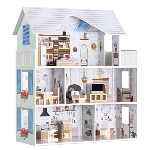 Navaris Puppenhaus aus Holz - inkl. 11x Möbel 4X Zubehör - für Kinder ab 3 Jahren - Spielzeug...
