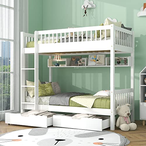 Becag Kinderbett Etagenbett 90x200 cm für 2 Kinder, Hochbett mit 2 Schubladen und Regale, Holzbett...