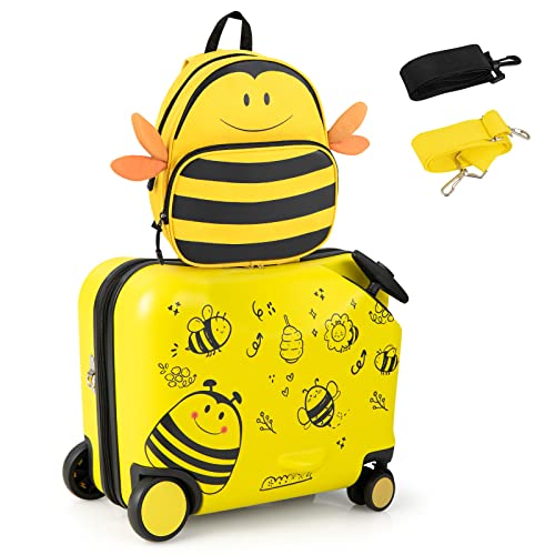 COSTWAY 2tlg Kinderkoffer + Rucksack, 12'+18' Kindertrolley mit Rollen und wasserdichter Hartschale,...