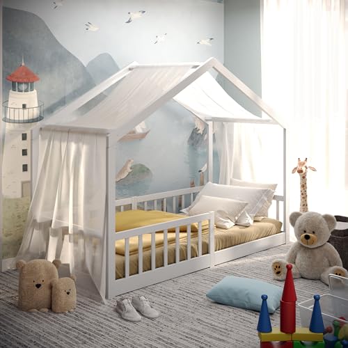 CADANI Malte Hausbett 90x200 cm Bodenbett Weiß, Flexibler Rausfallschutz, Kinderbett Umbaubar,...