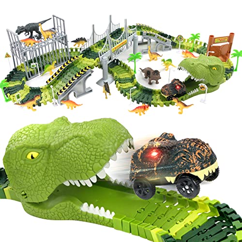 TONZE Dinosaurier Spielzeug Autorennbahn ab 3 4 5 6 Jahre Kinderspielzeug mit Rennbahn Kinder...