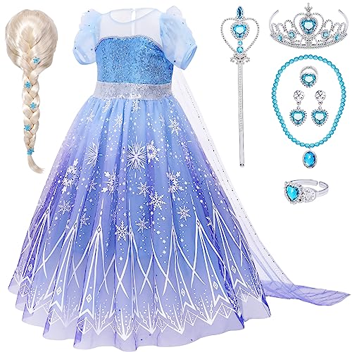 Elsa Kostüm Mädchen Eiskönigin Prinzessin Kleid mit Elsa Perücke Krone Armband Zauberstab...