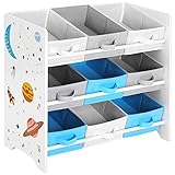 SONGMICS Aufbewahrungsregal für Kinder für Spielzeug und Bücher, 9 herausnehmbare Boxen aus Vliesstoff, für Kinderzimmer, Spielzimmer, Kindergarten, Schule, 62,5 x 29,5 x 60 cm, Motiv Weltraum, Weiß