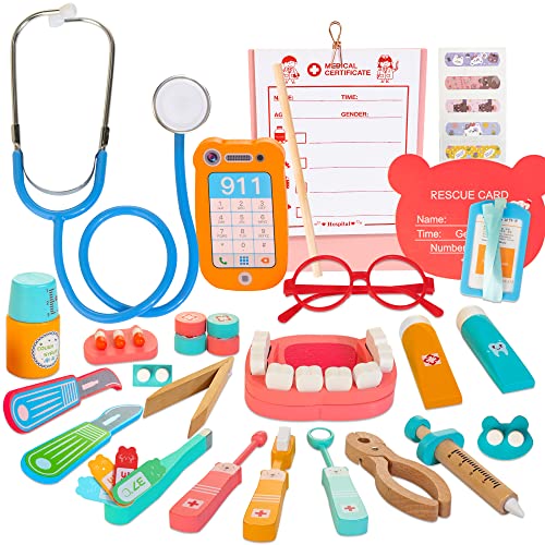 Arztkoffer Kinder Holz Doktorkoffer 41 Stück mit Tasche Stethoskop Handy Brille Zahnarzt Spielzeug...