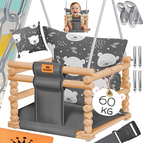 KIDIZ® Babyschaukel Kinderschaukel Schaukelsitz mit Polsterung | Holz-Schaukel mit Anti-Kipp bis...