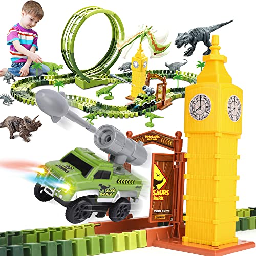 Dinosaurier Spielzeug Autorennbahn,Flexible Rennbahn Kinderspielzeug mit 10 Dinosaurier Figuren,Auto...