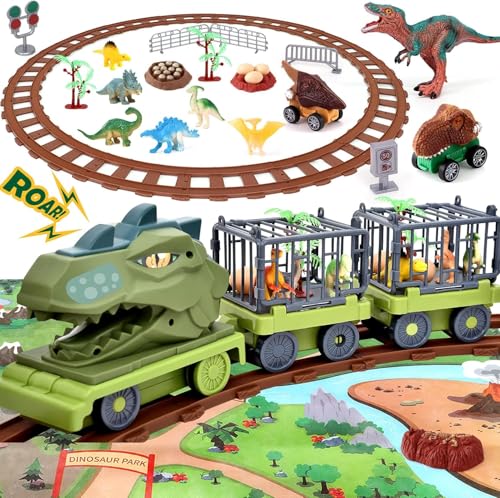 Toyssa Elektrische Dinosaurier LKW Spielzeug für Kinder Dino Transport mit Autorennbahn,Klang,Mini...