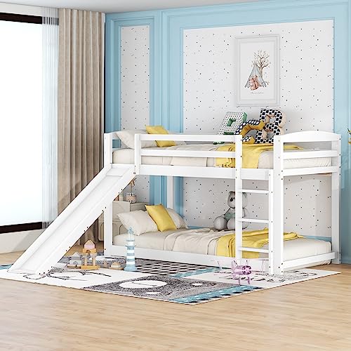 Rtopsu Kinderbett Etagenbett 90x200 cm, Hochbett mit Treppe und Rutsche für 1-2 Kinder, Bett...