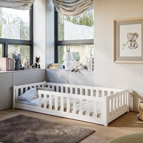 Kinderbett Bodenbett 90x200 cm mit Rausfallschutz & Lattenrost Montessori Bett Bed Gitterbett Kinder...