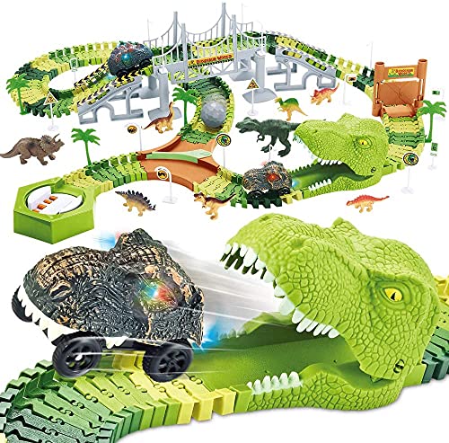 174 Stück Rennstrecke Spielzeuge Flexible Zugbahnen mit 8 Dinosaurier-Figuren,2 elektrische...