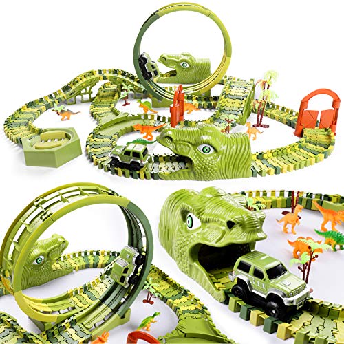 burgkidz Dinosaurier Rennstrecken Spielen Fahrzeuge Spielzeug Set, 387 Stück Flexible Dinos...